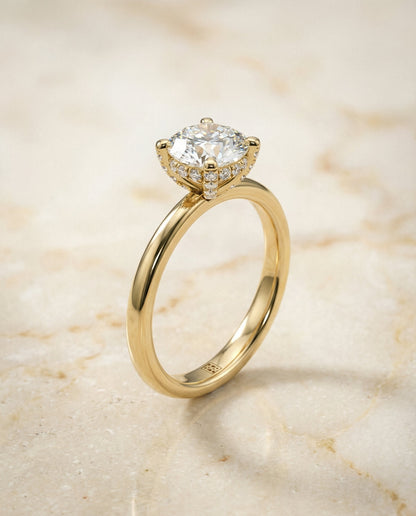 Lana Select Secret Halo Adorned Prong Solitaire Round Lab Diamond Engagement Ring in 18K Yellow Gold, front view | RockHer