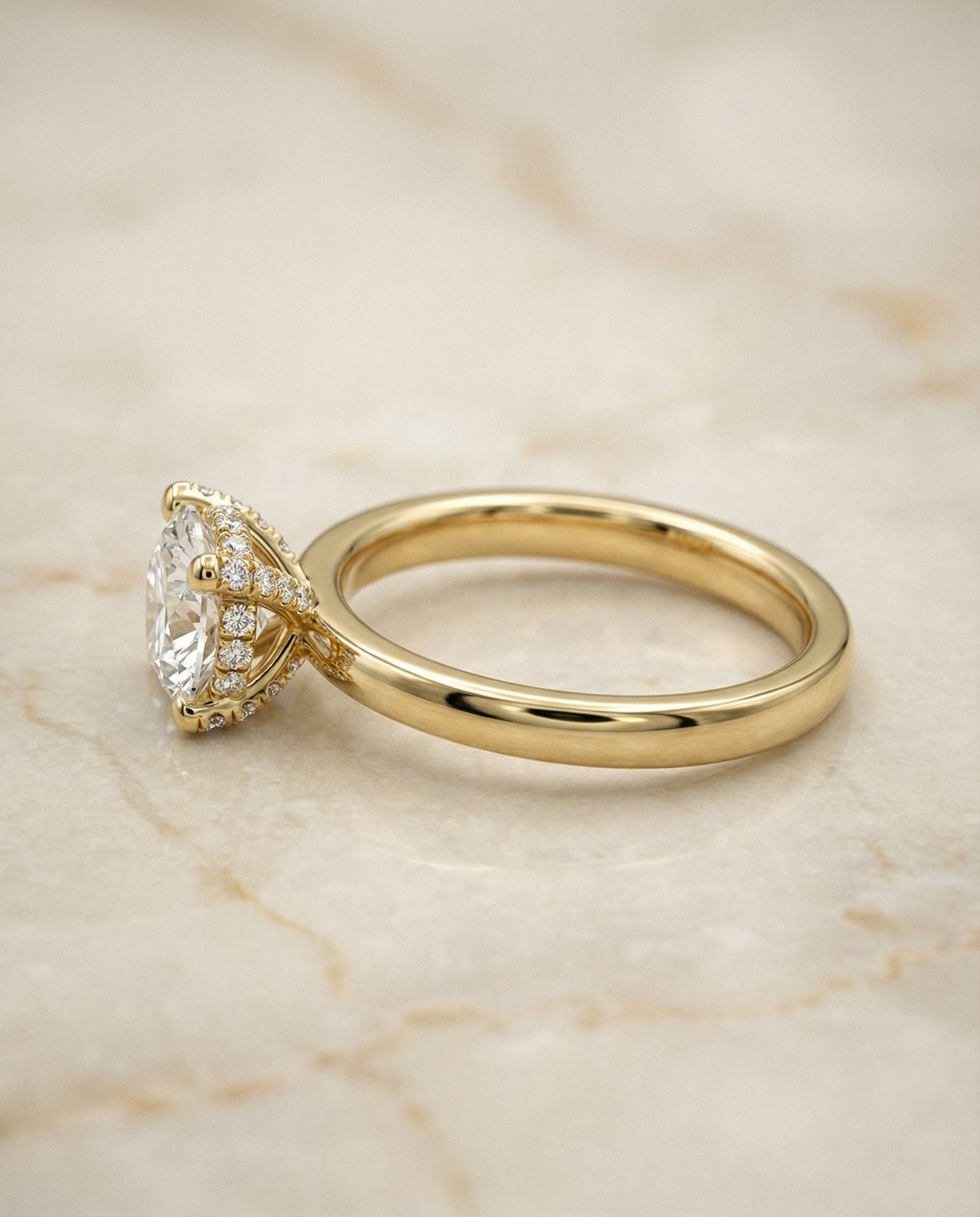 Lana secret halo adorned prong solitaire engagement ring in 18K yellow gold with round lab diamond — RockHer