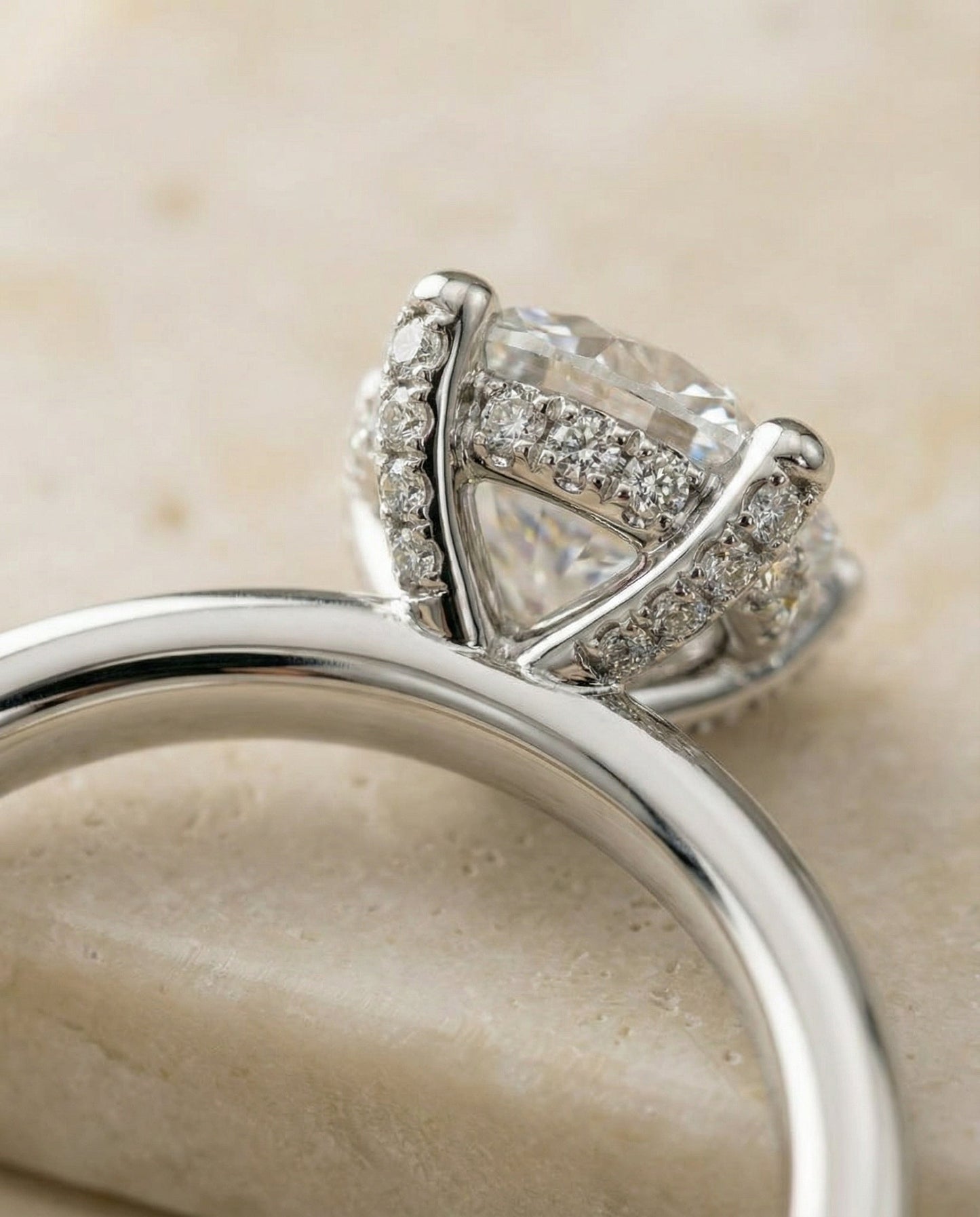 Lana secret halo adorned prong solitaire engagement ring in 18K white gold with round lab diamond — RockHer