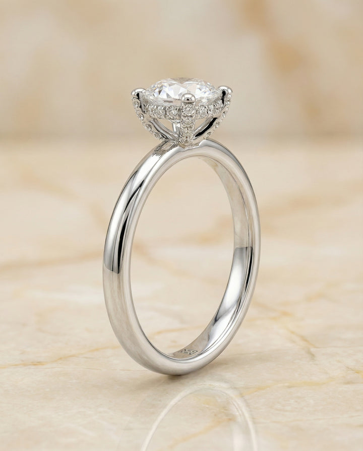 Secret Halo Adorned Prong Solitaire Engagement Ring Setting in 14K White Gold