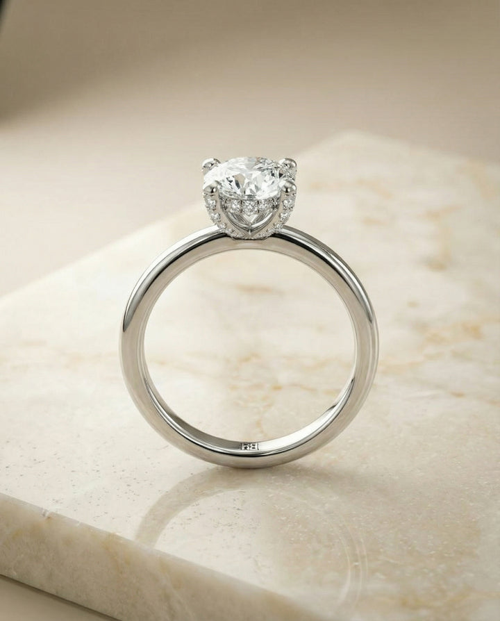 Secret Halo Adorned Prong Solitaire Engagement Ring Setting in 14K White Gold