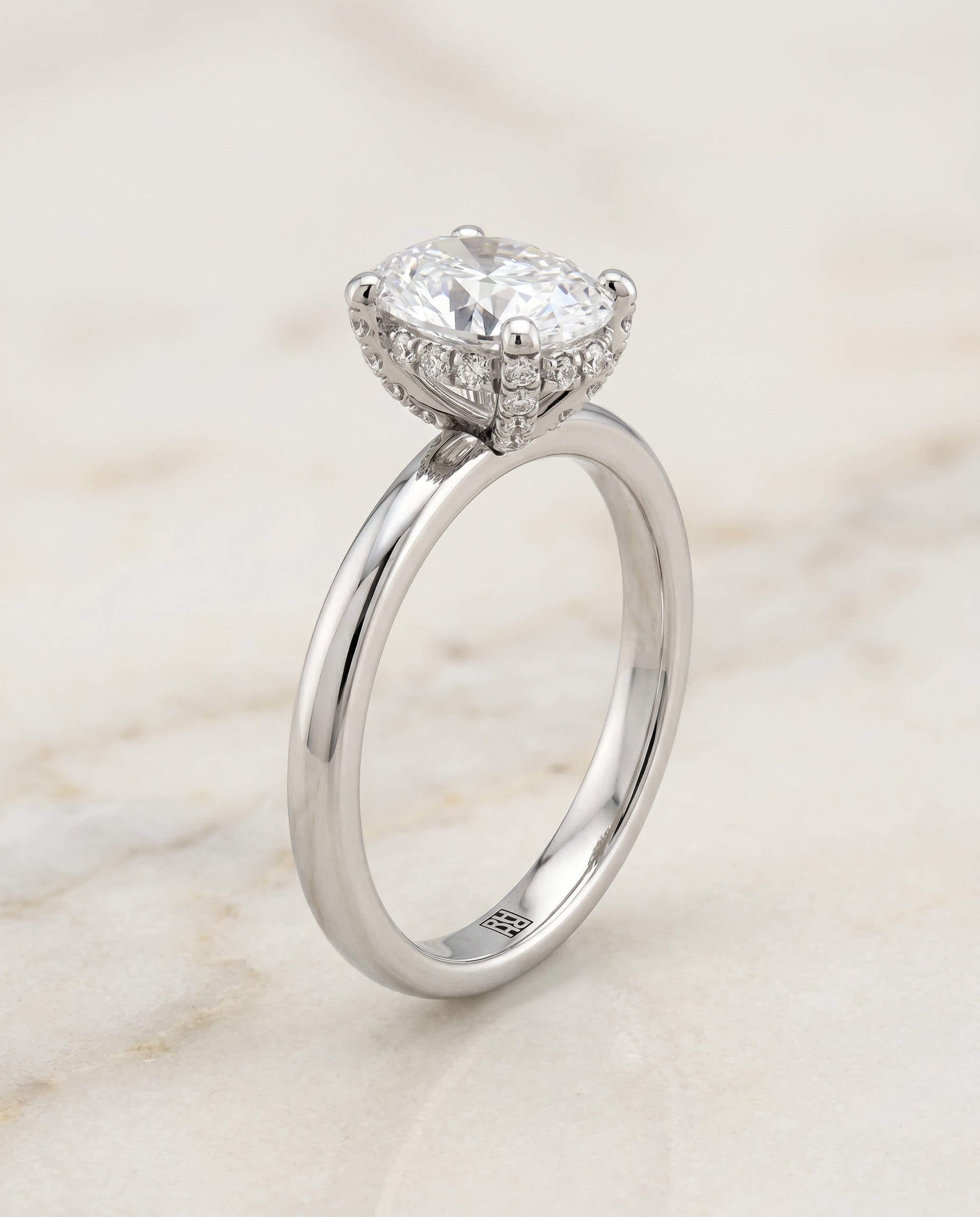 Lana Select Secret Halo Adorned Prong Solitaire Oval Lab Diamond Engagement Ring in Platinum, front view | RockHer