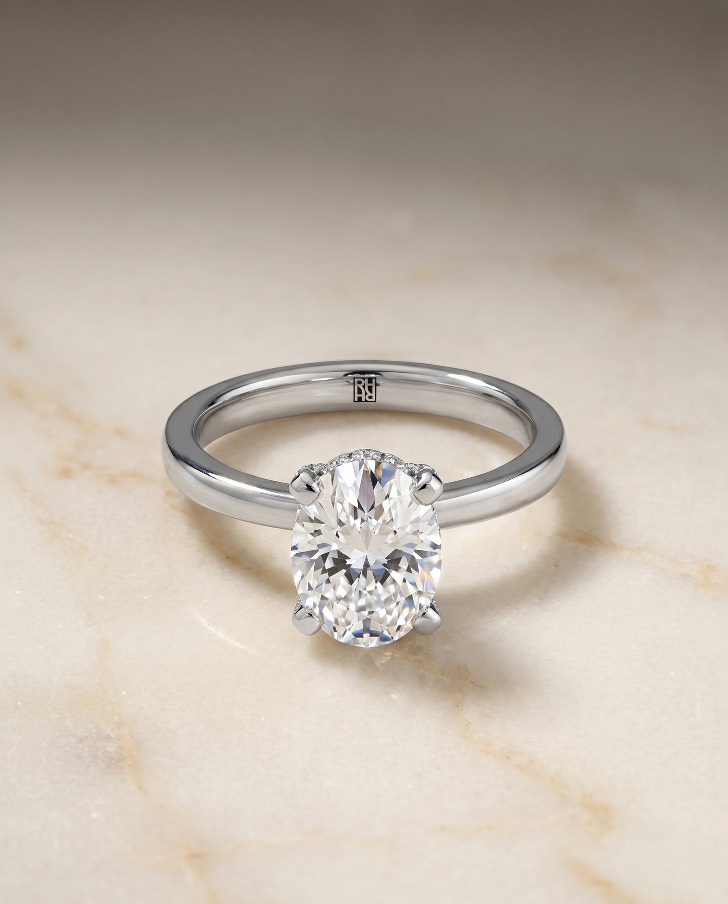 The Lana Pavé Halo Engagement Ring Setting for Oval Diamonds in 18K White Gold | RockHer