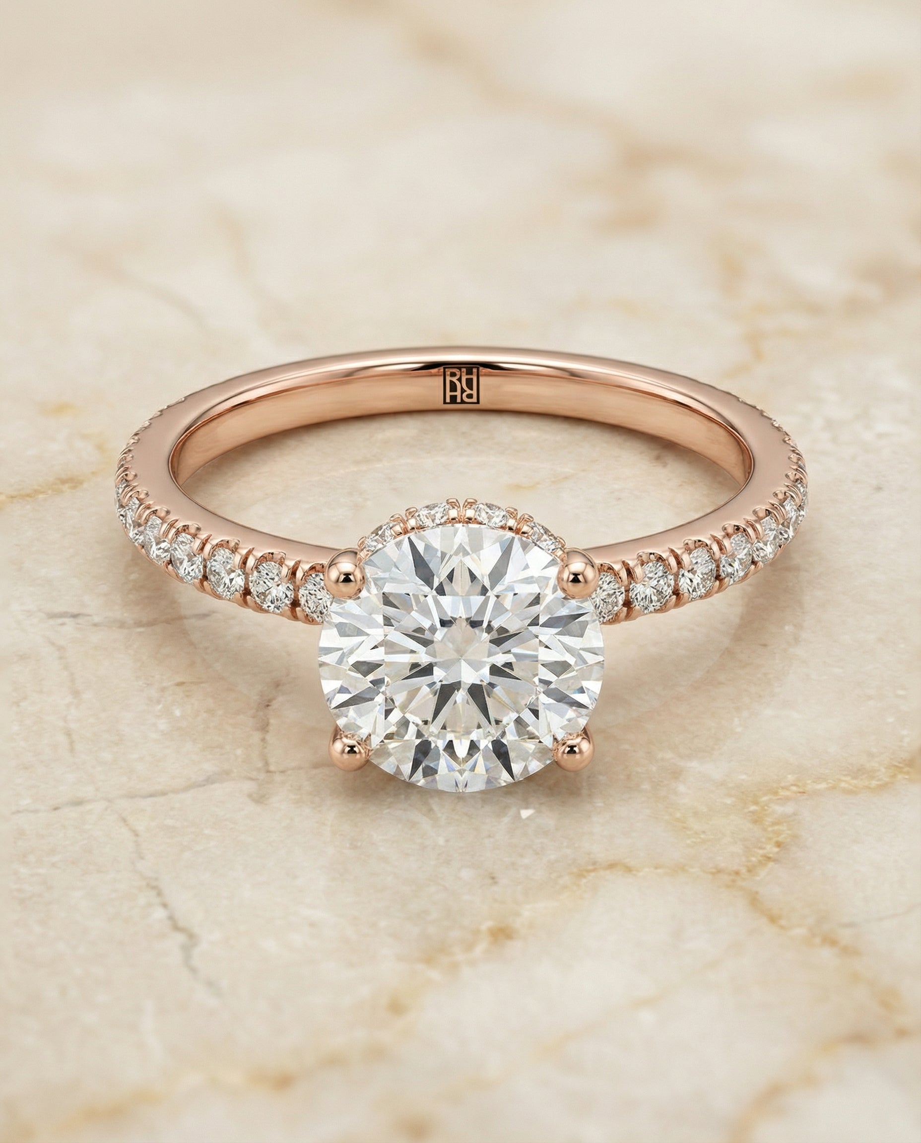 Elliott Select Hidden Halo Pavé Round Lab Diamond Engagement Ring in 14K Rose Gold, alternate angle | RockHer