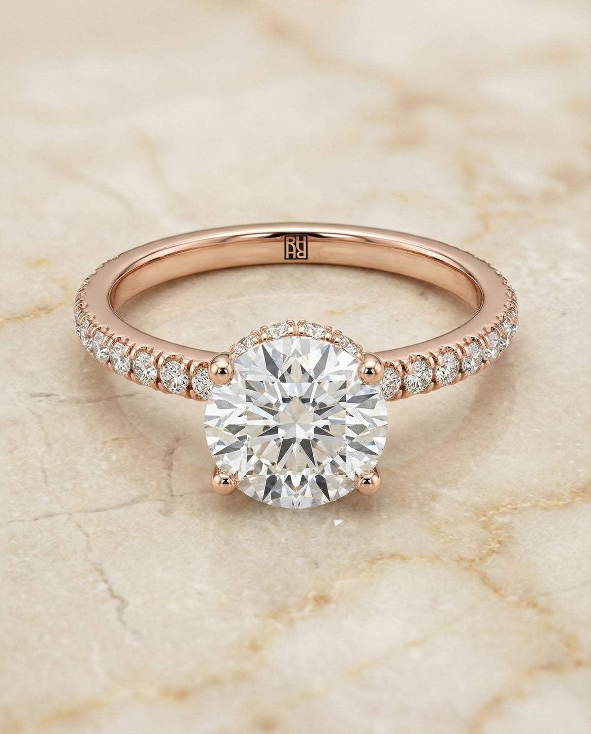 Elliott Select Hidden Halo Pavé Round Lab Diamond Engagement Ring in 14K Rose Gold, alternate angle | RockHer
