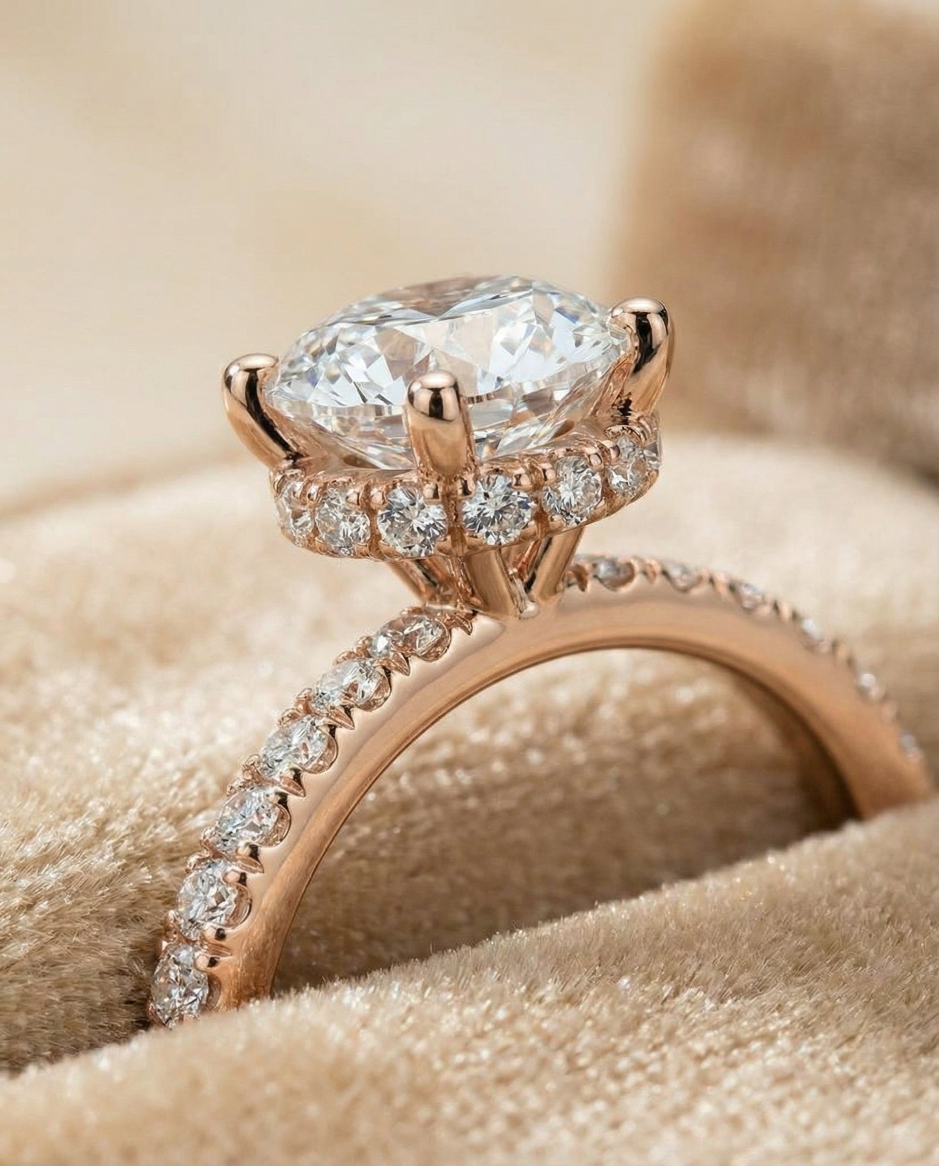 Elliott Select Hidden Halo Pavé Round Lab Diamond Engagement Ring in 14K Rose Gold, detail view | RockHer