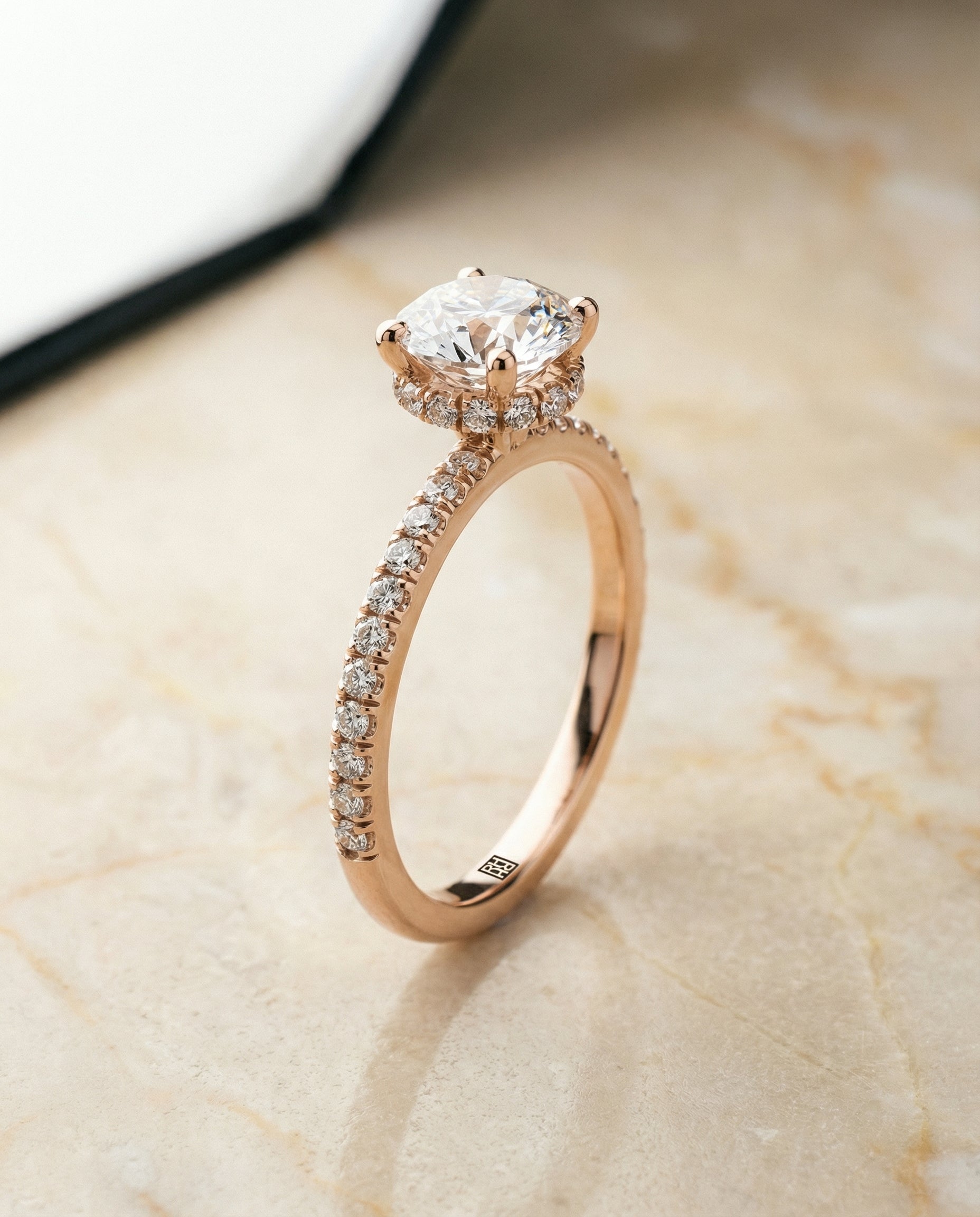 Hidden Halo Pavé styling on The Elliott round engagement ring setting | RockHer