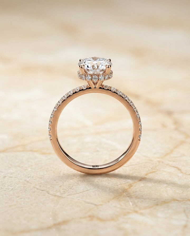 Elliott Select Hidden Halo Pavé Round Lab Diamond Engagement Ring in 14K Rose Gold, side view | RockHer