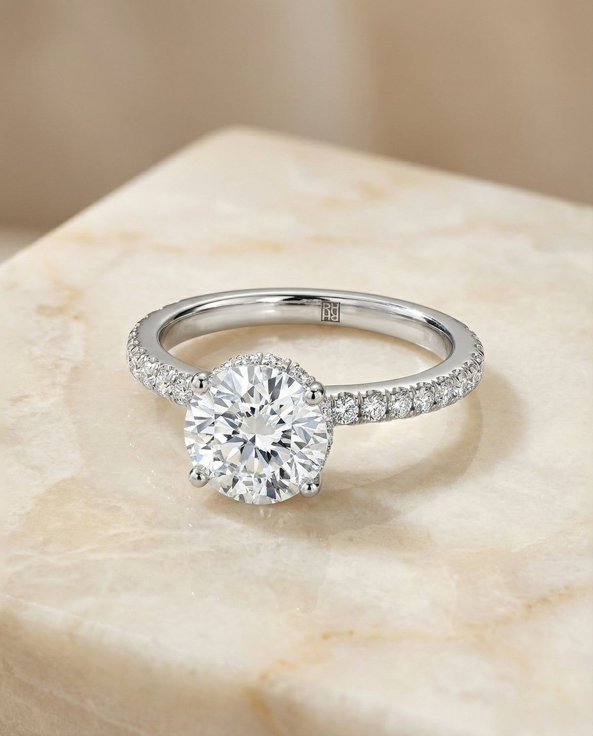 Elliott Select Hidden Halo Pavé Round Lab Diamond Engagement Ring in Platinum, alternate angle | RockHer