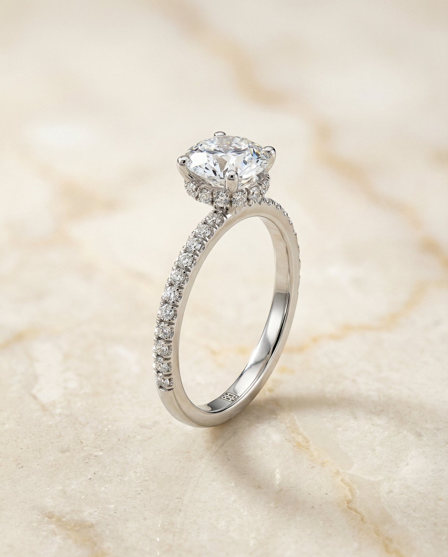 Elliott Select secret halo french pavé solitaire round ring in 14K White Gold — front — RockHer