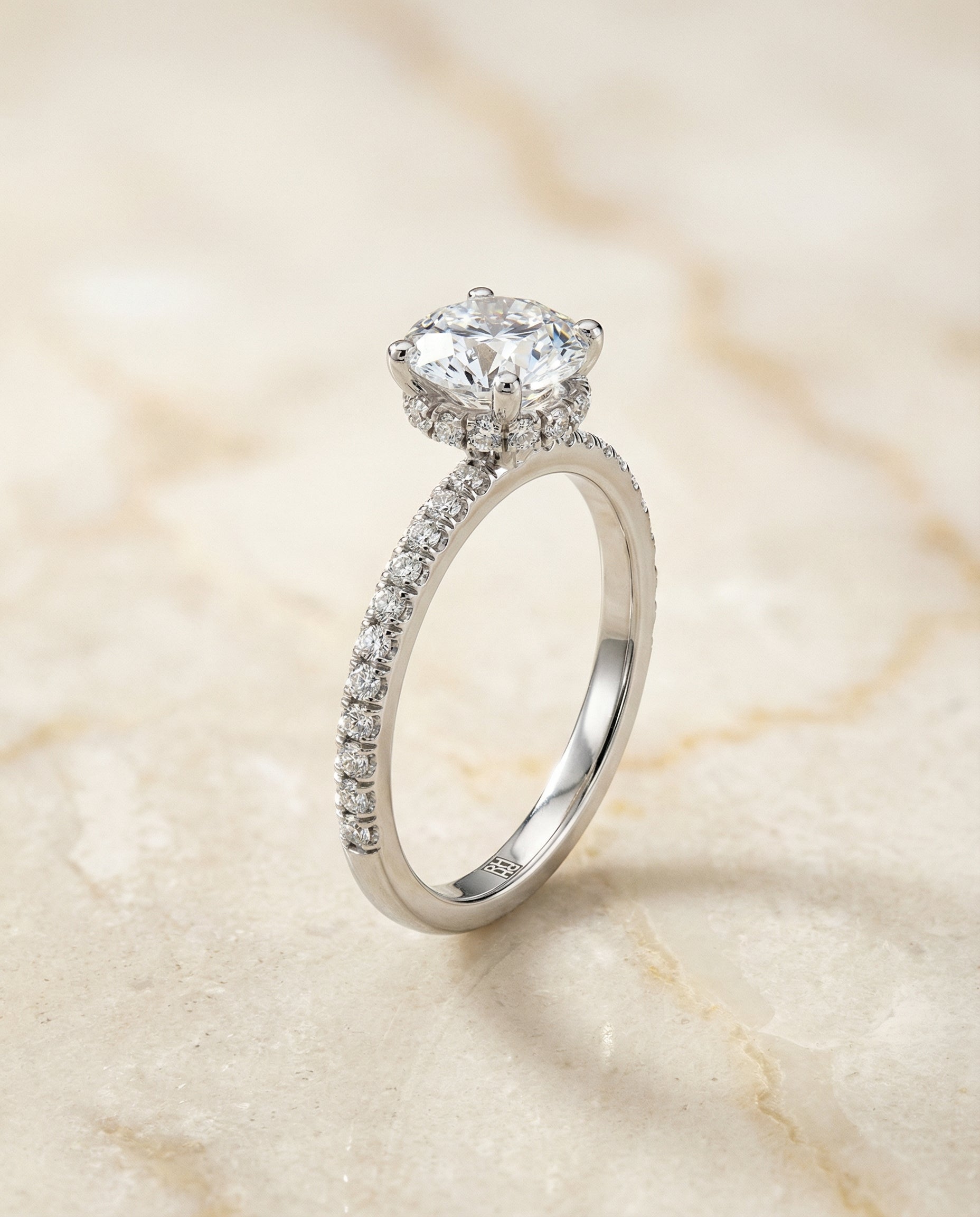 Elliott Select Hidden Halo Pavé Round Lab Diamond Engagement Ring in 18K White Gold, front view | RockHer