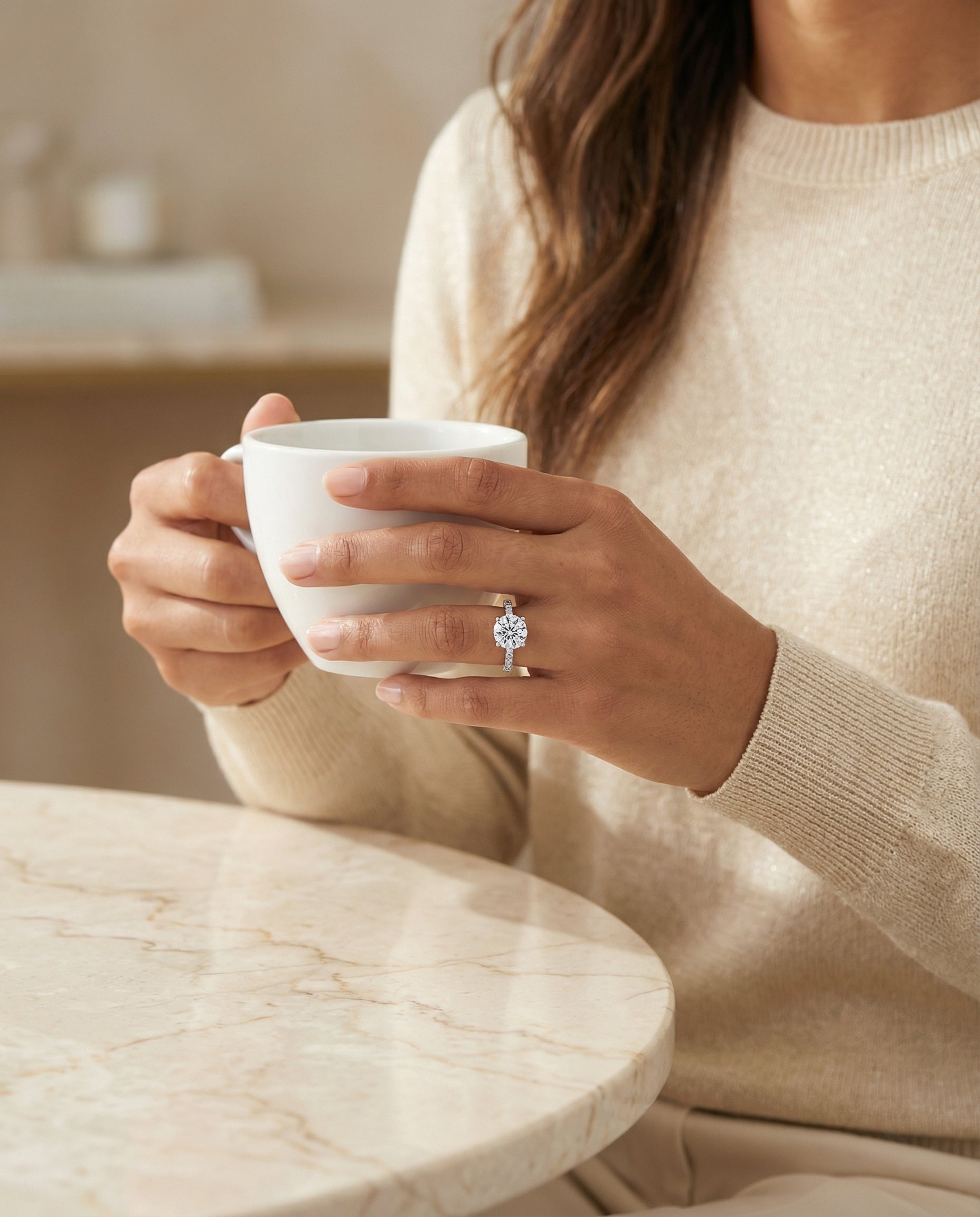 Elliott Select Hidden Halo Pavé Round Lab Diamond Engagement Ring in Platinum, lifestyle | RockHer