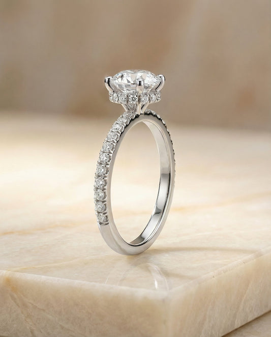 Elliott Select secret halo french pavé solitaire round ring in 14K White Gold — side — RockHer