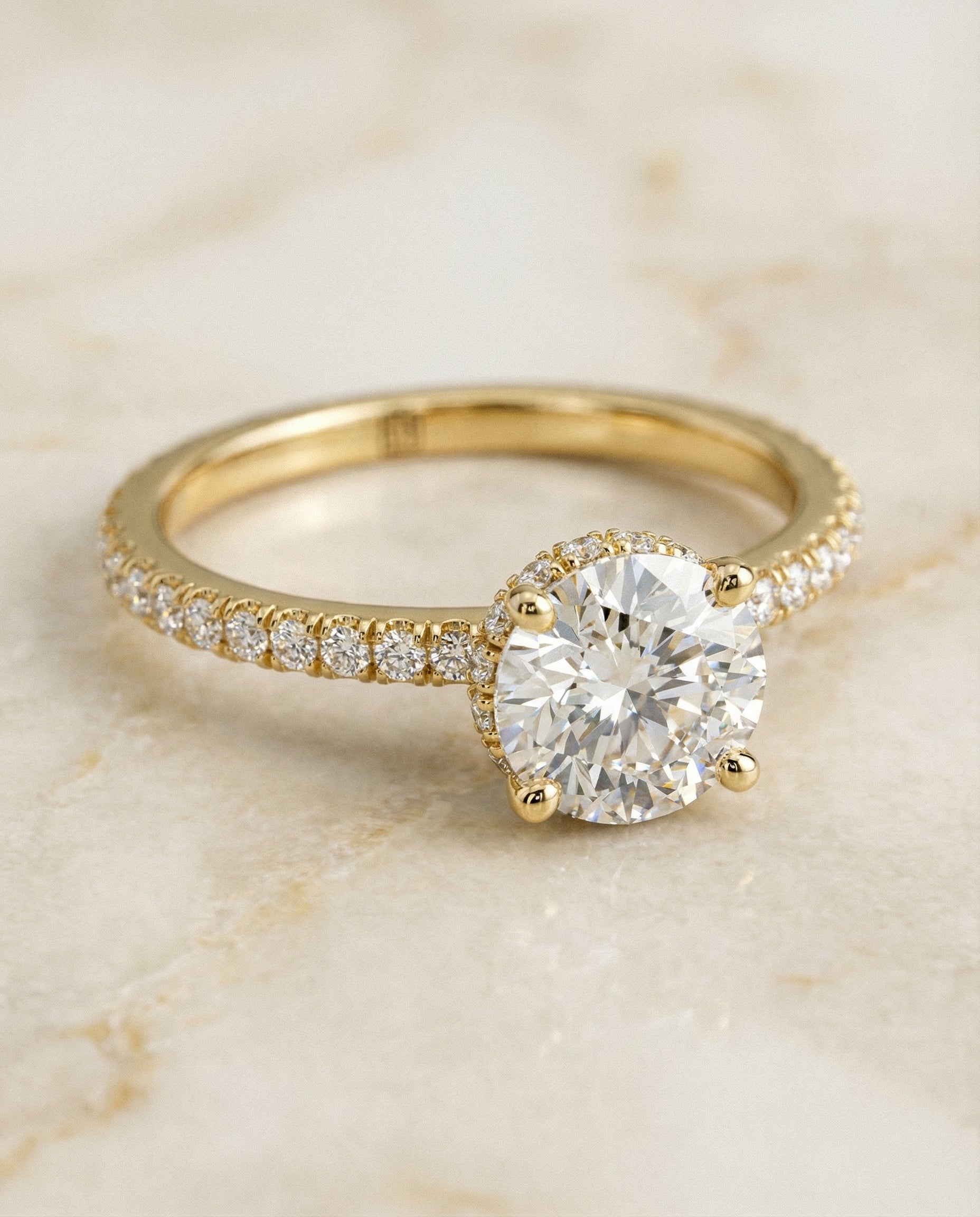 Elliott Select Hidden Halo Pavé Round Lab Diamond Engagement Ring in 18K Yellow Gold, alternate angle | RockHer