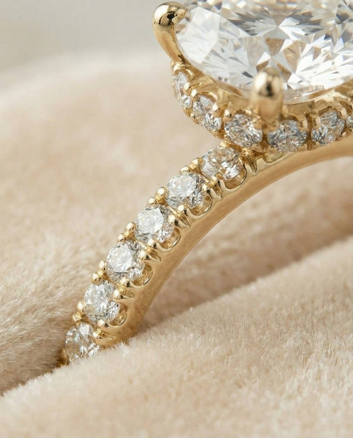 Elliott Select secret halo french pavé solitaire round ring in 14K Yellow Gold — detail — RockHer