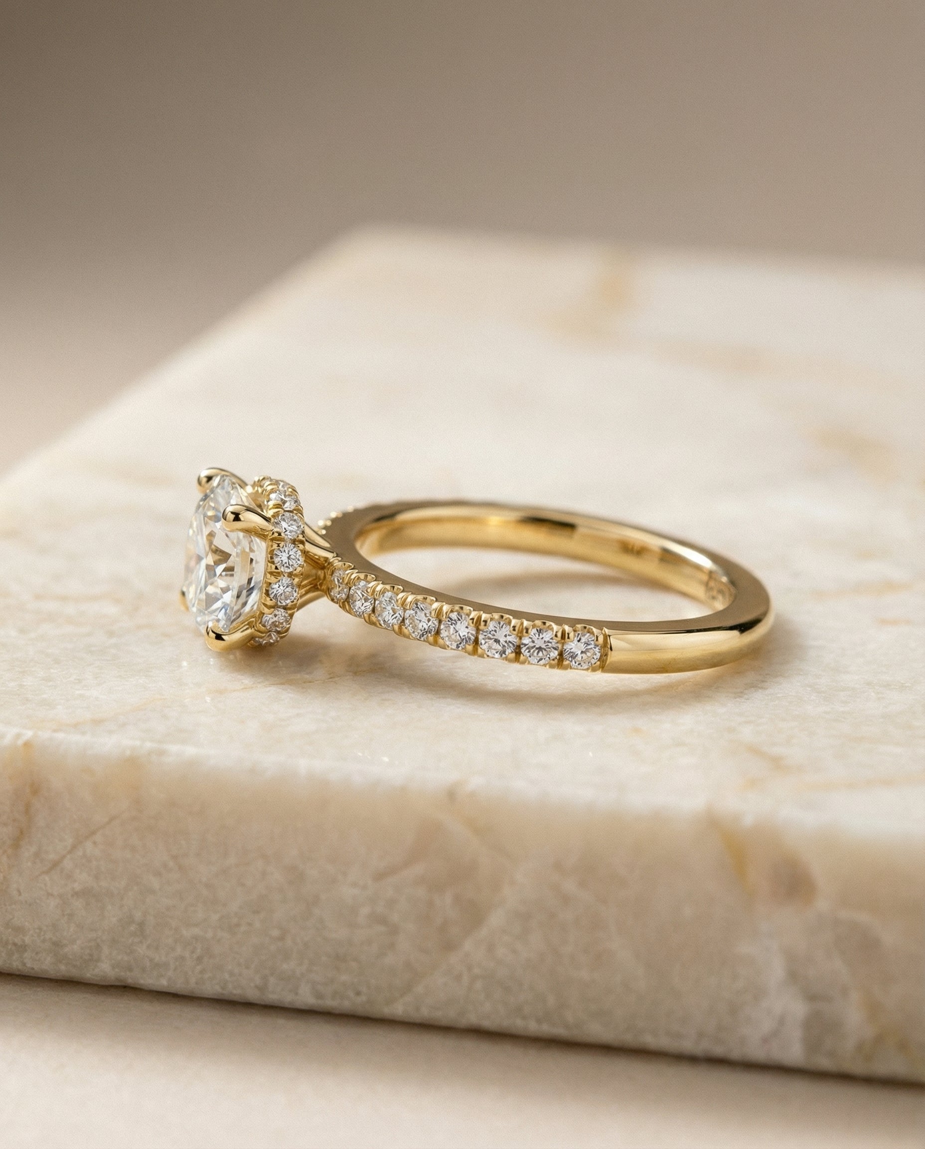 Elliott Select Hidden Halo Pavé Round Lab Diamond Engagement Ring in 18K Yellow Gold, side view | RockHer