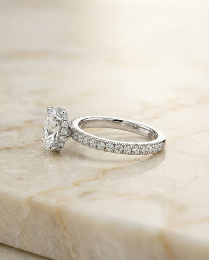 Elliott Select secret halo french pavé solitaire oval oval ring in 14K White Gold — side — RockHer