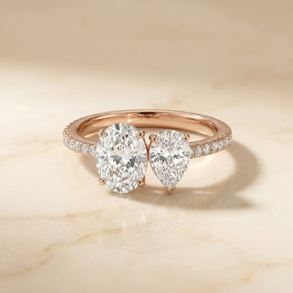 14K Rose Gold Selena Select Toi et Moi Oval & Pear Pavé Band Lab Diamond Engagement Ring, prong setting | RockHer