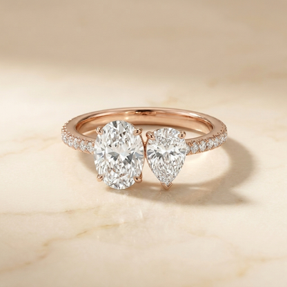 14K Rose Gold Selena Select Toi et Moi Oval & Pear Pavé Band Lab Diamond Engagement Ring, prong setting | RockHer