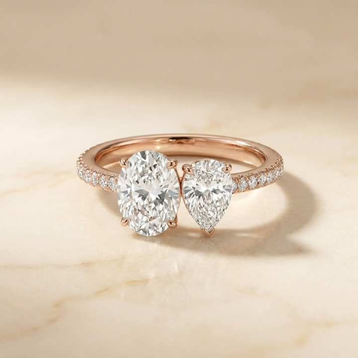 14K Rose Gold Selena Select Toi et Moi Oval & Pear Pavé Band Lab Diamond Engagement Ring, prong setting | RockHer