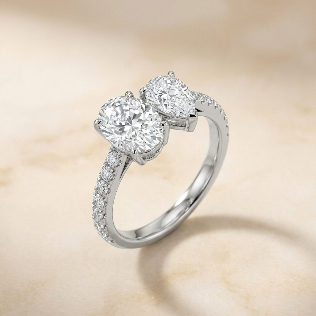 18K White Gold Selena Select Toi et Moi Oval & Pear Pavé Band Lab Diamond Engagement Ring - Alt angle on warm marble