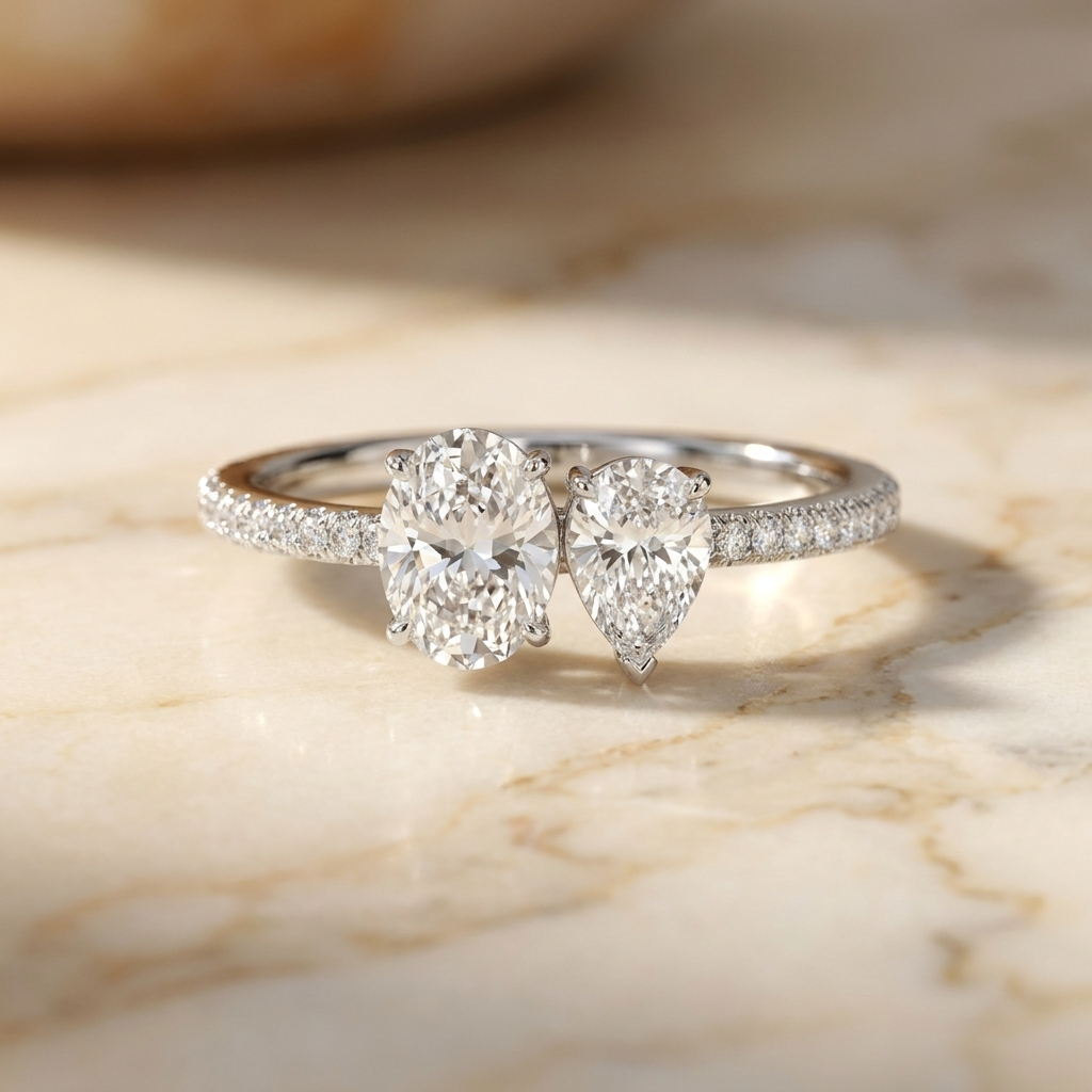 18K White Gold Selena Select Toi et Moi Oval & Pear Pavé Band Lab Diamond Engagement Ring - Hero on warm marble