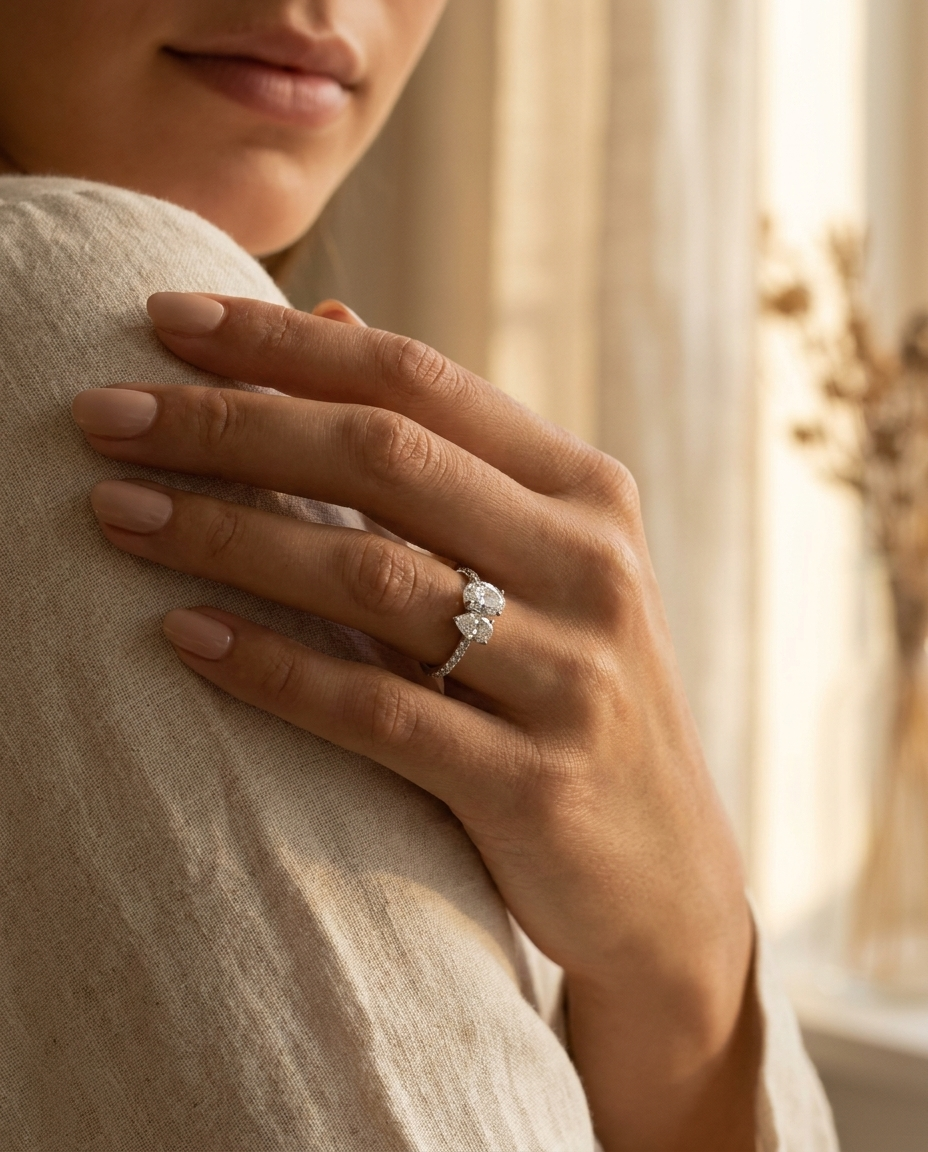 18K White Gold Selena Select Toi et Moi Oval & Pear Pavé Band Lab Diamond Engagement Ring - Lifestyle scene with hand model
