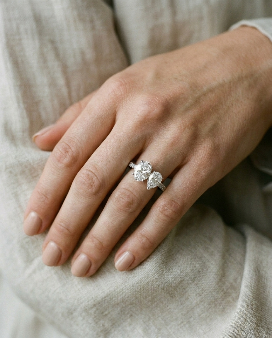 18K White Gold Selena Select Toi et Moi Oval & Pear Pavé Band Lab Diamond Engagement Ring - Ring on hand model