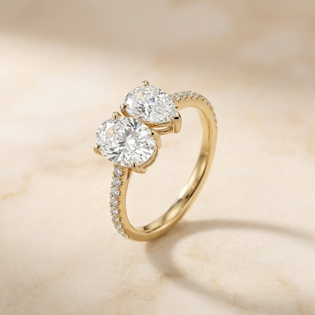 Selena Toi et Moi Oval & Pear Pavé Band Engagement Ring Setting - Alt angle on warm marble
