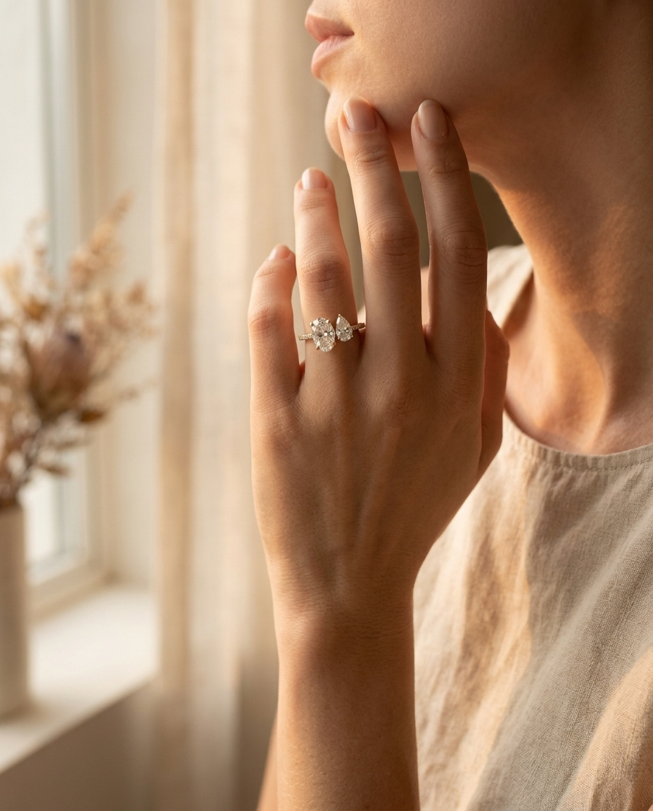 Selena Toi et Moi Oval & Pear Pavé Band Engagement Ring Setting - Lifestyle scene with hand model