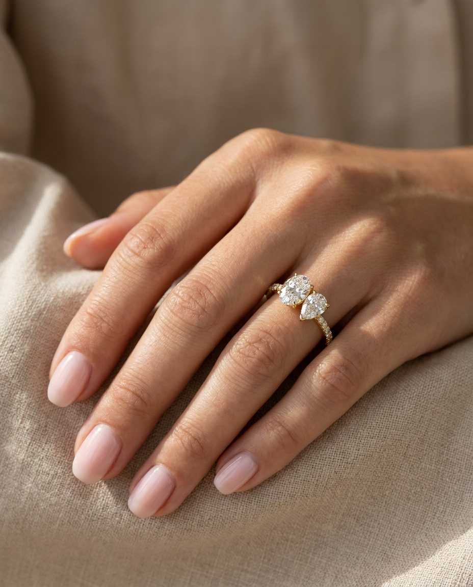18K Yellow Gold Selena Select Toi et Moi Oval & Pear Pavé Band Lab Diamond Engagement Ring - Ring on hand model