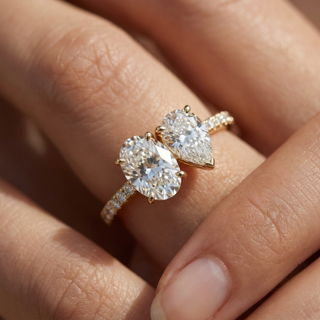 Selena Toi et Moi Oval & Pear Pavé Band Engagement Ring Setting - Macro close-up on finger
