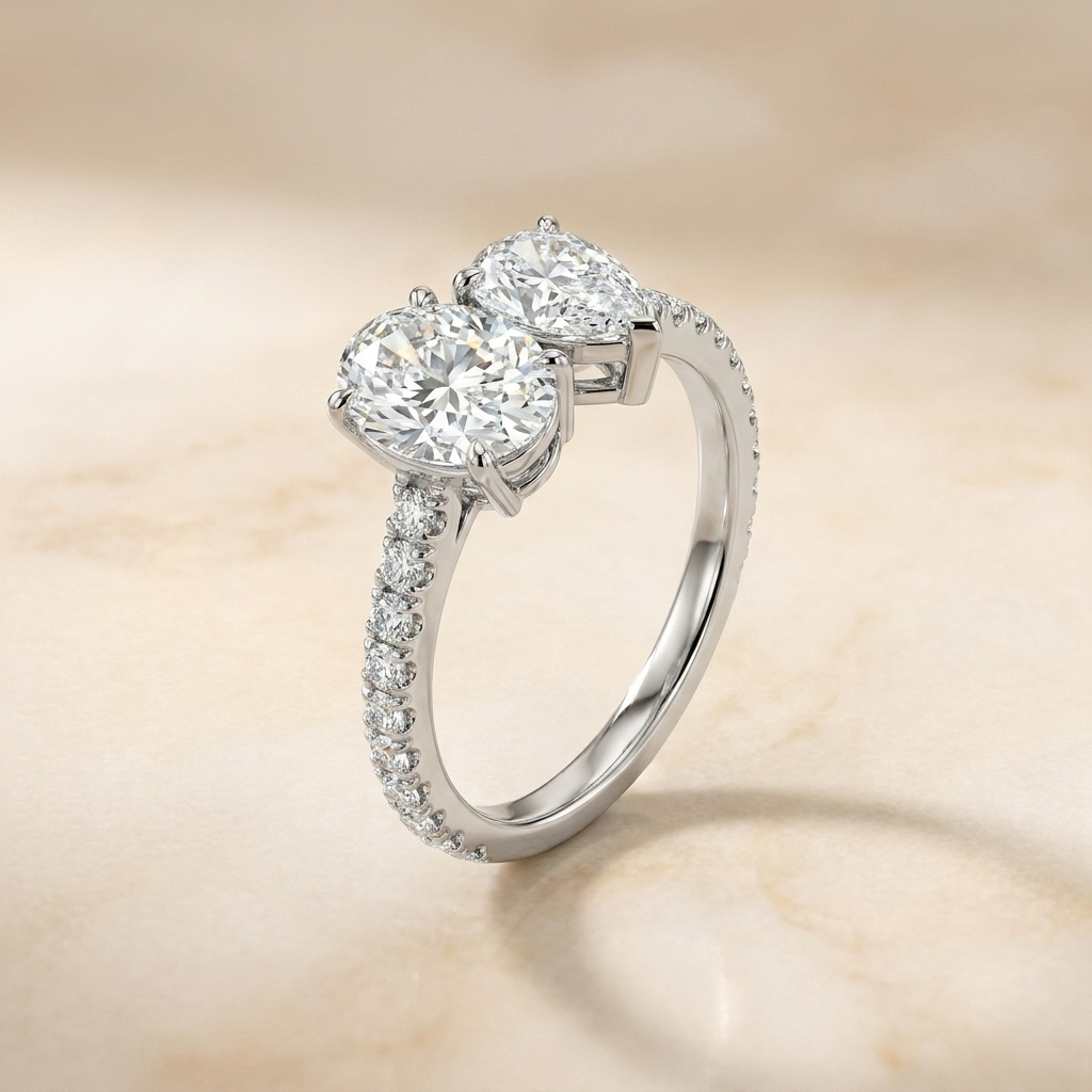 Platinum Selena Select Toi et Moi Oval & Pear Pavé Band Lab Diamond Engagement Ring - Alt angle on warm marble