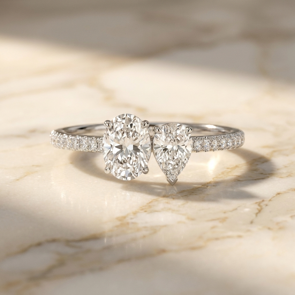 Platinum Selena Select Toi et Moi Oval & Pear Pavé Band Lab Diamond Engagement Ring - Hero on warm marble