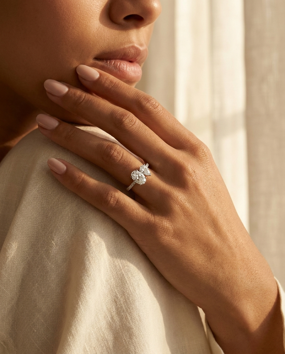 Platinum Selena Select Toi et Moi Oval & Pear Pavé Band Lab Diamond Engagement Ring - Lifestyle scene with hand model