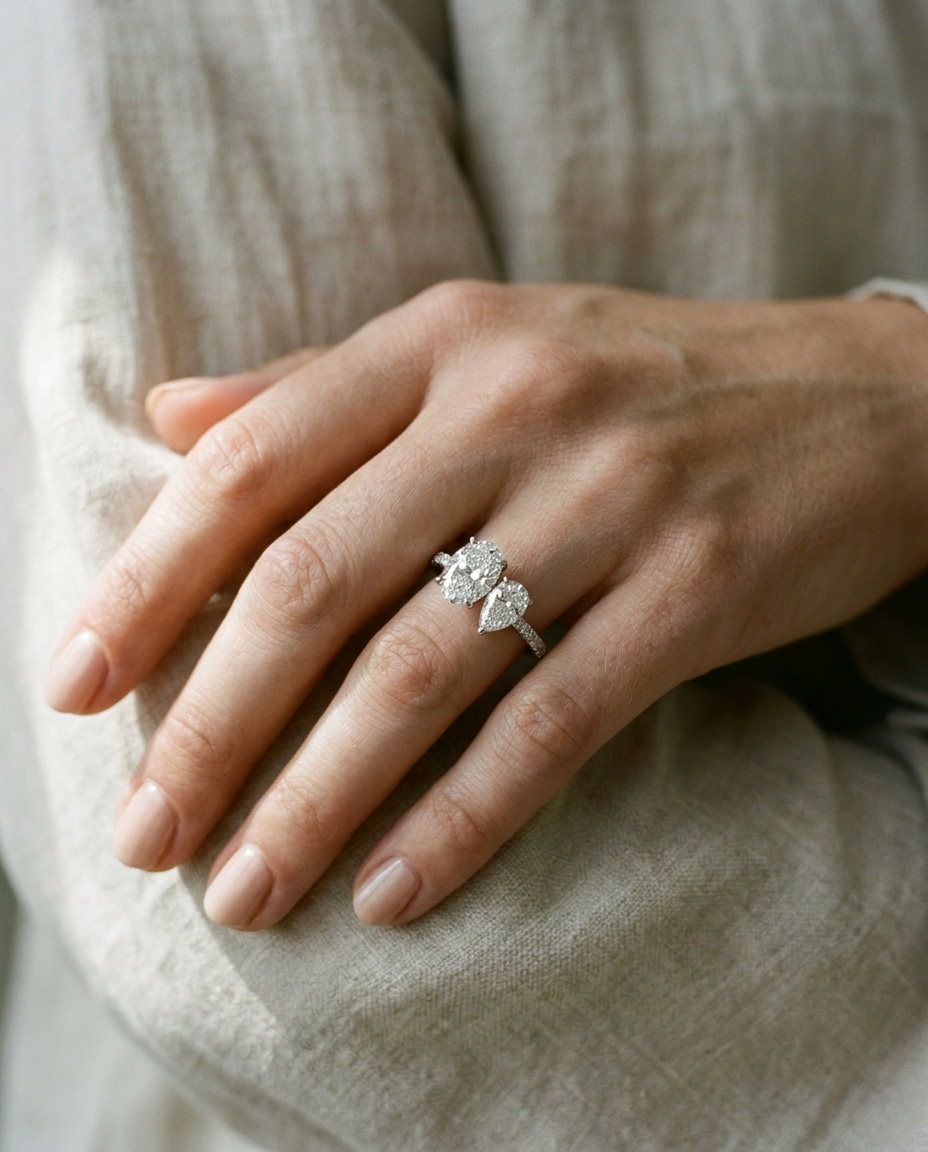 Platinum Selena Select Toi et Moi Oval & Pear Pavé Band Lab Diamond Engagement Ring - Ring on hand model