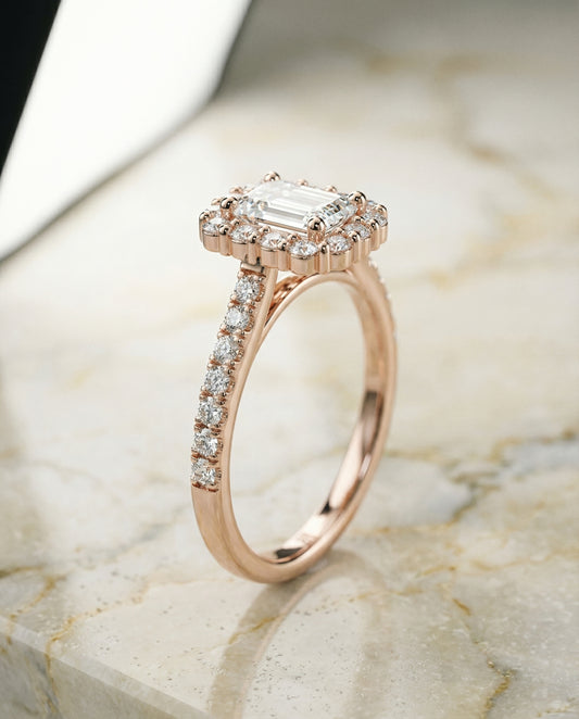 Shared Prong Halo Emerald Cut Engagement Ring Setting in 14K Rose Gold