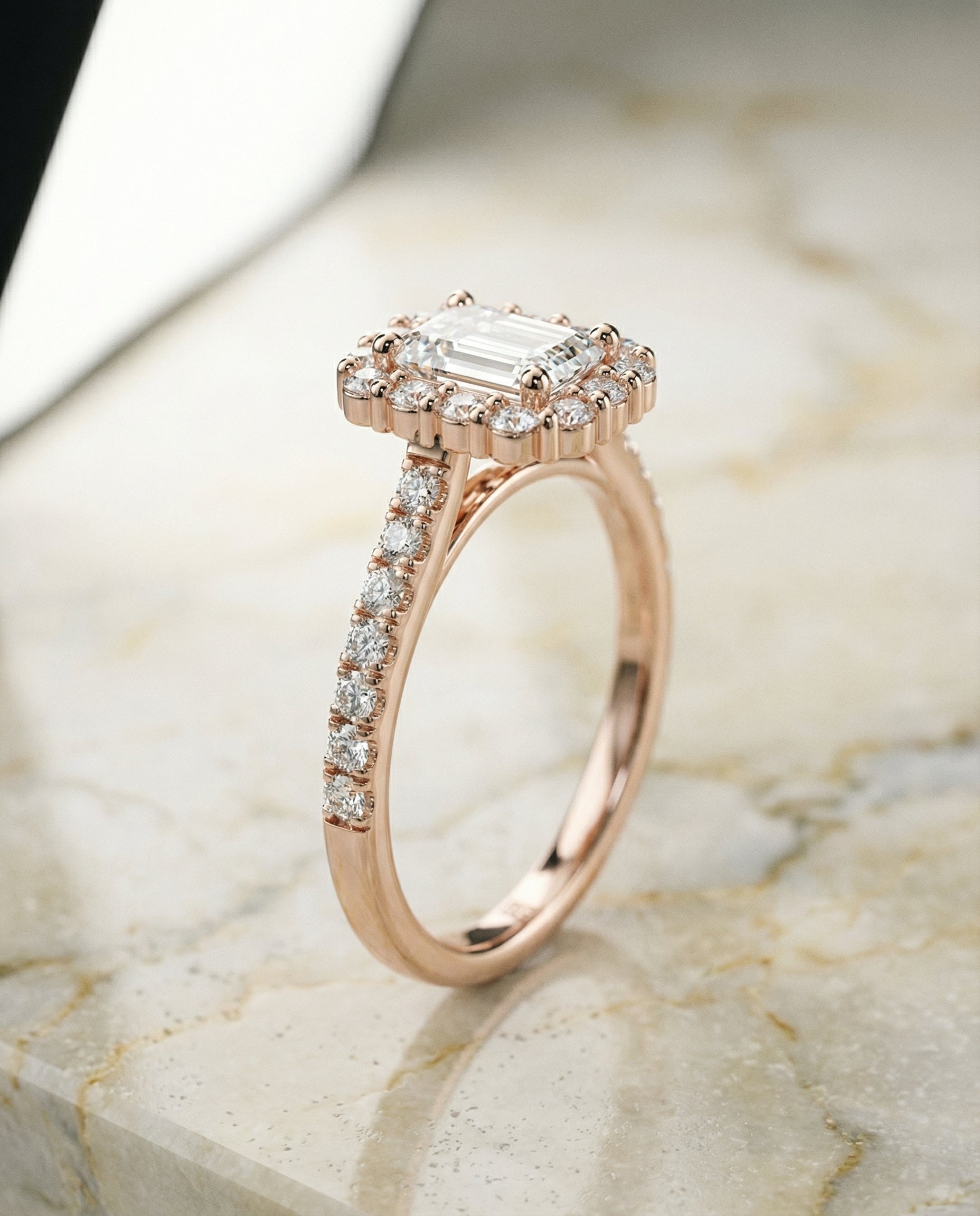 Fiona Select Shared Prong Halo Emerald Cut Lab Diamond Engagement Ring in 14K Rose Gold, front view | RockHer