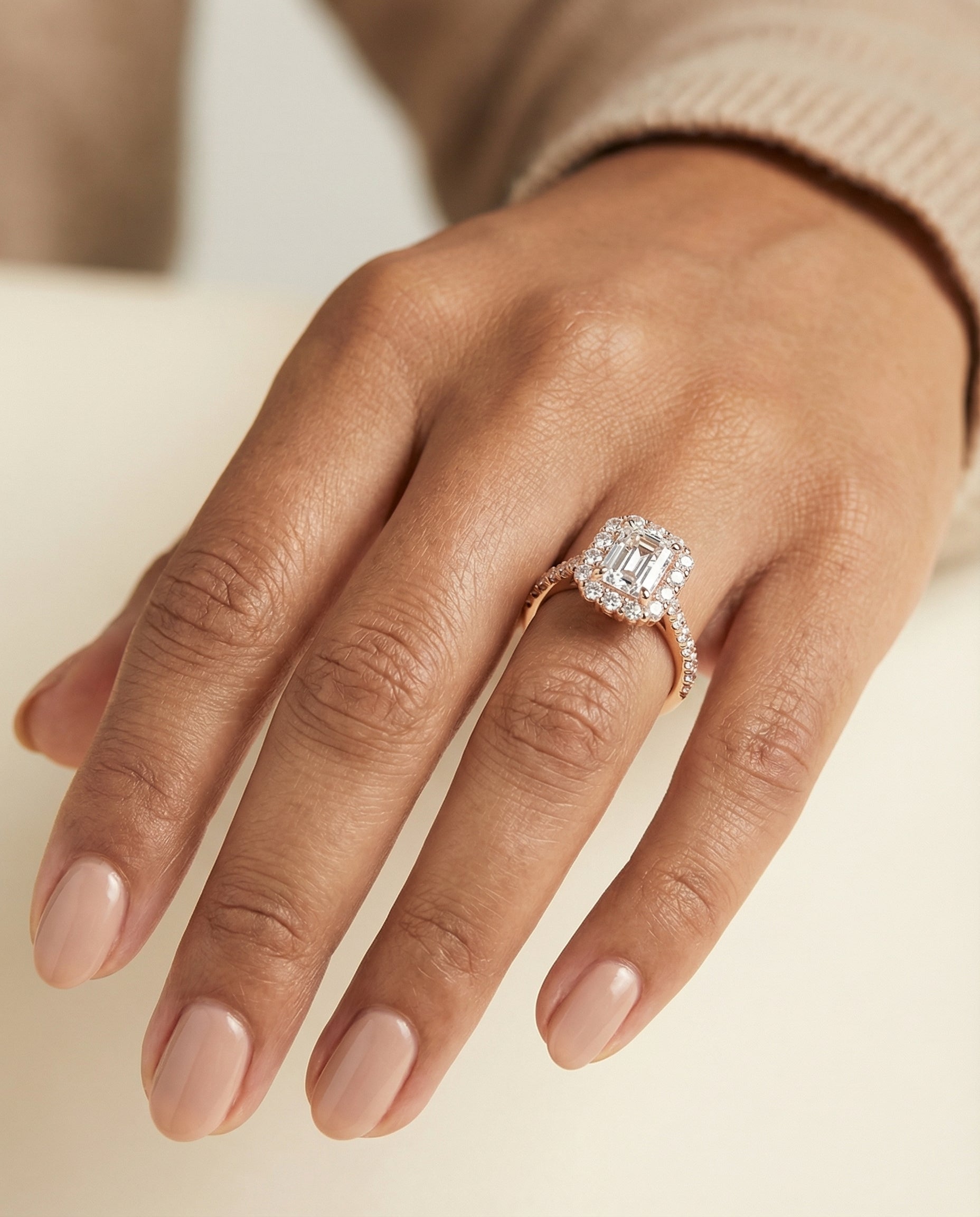 The Fiona engagement ring setting in 14K Rose Gold, shared prong halo cut design | RockHer