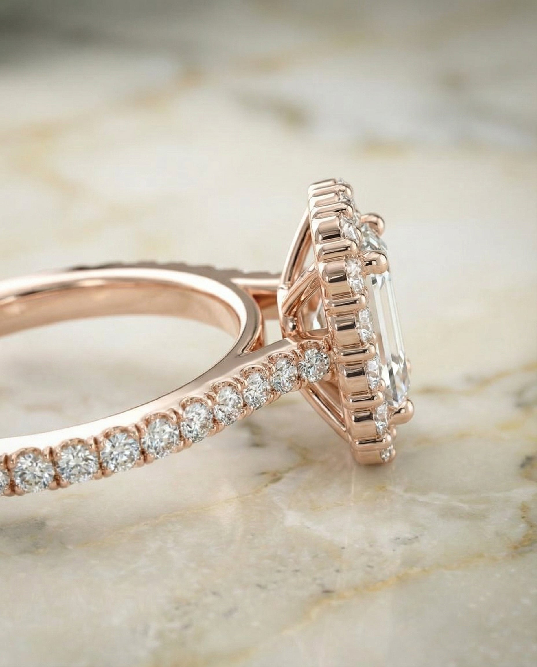 Fiona Select Shared Prong Halo Emerald Cut Lab Diamond Engagement Ring in 14K Rose Gold, side view | RockHer