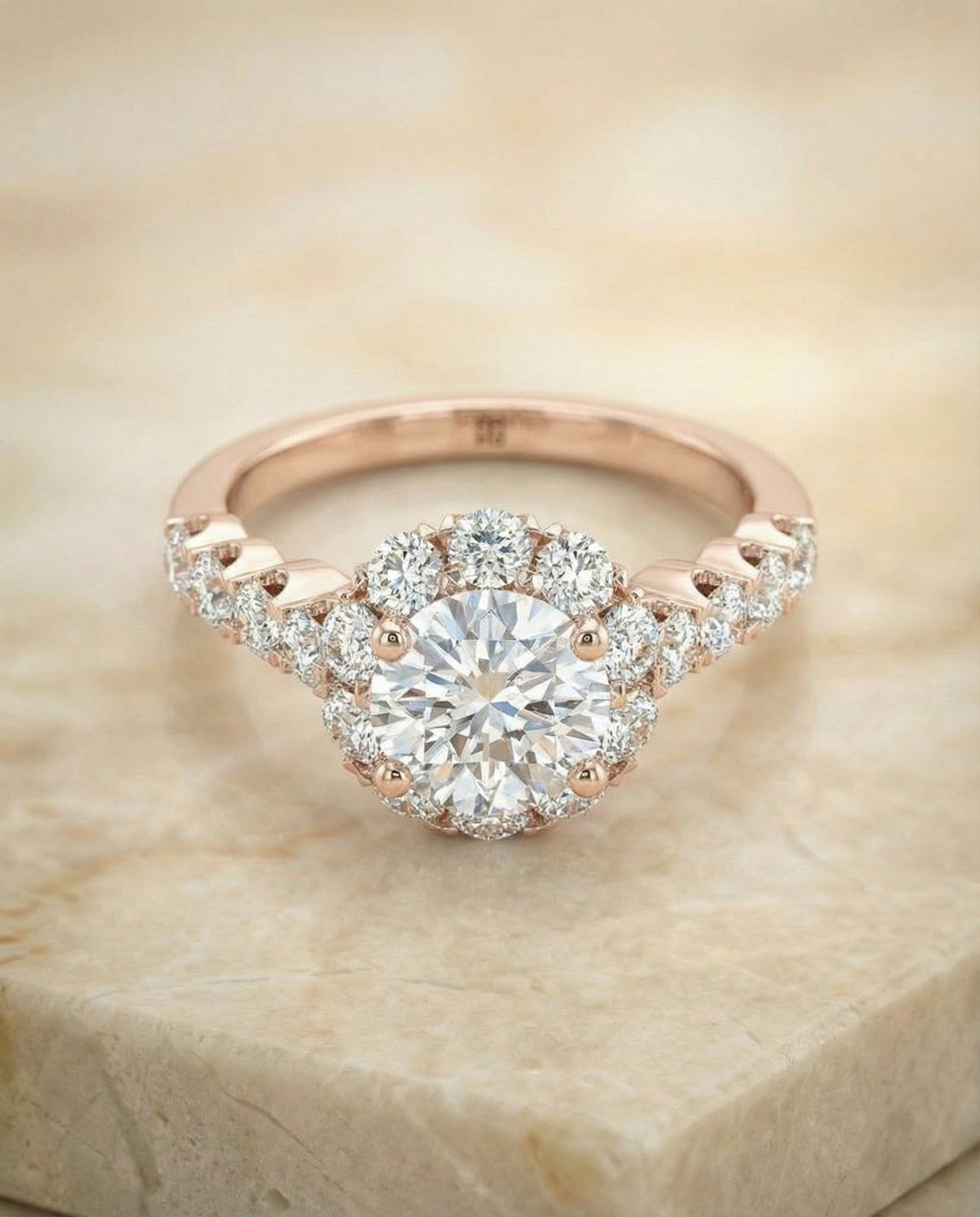 Musetta Select Shared Prong Halo Linear Band Round Lab Diamond Engagement Ring in 14K Rose Gold, alternate angle | RockHer
