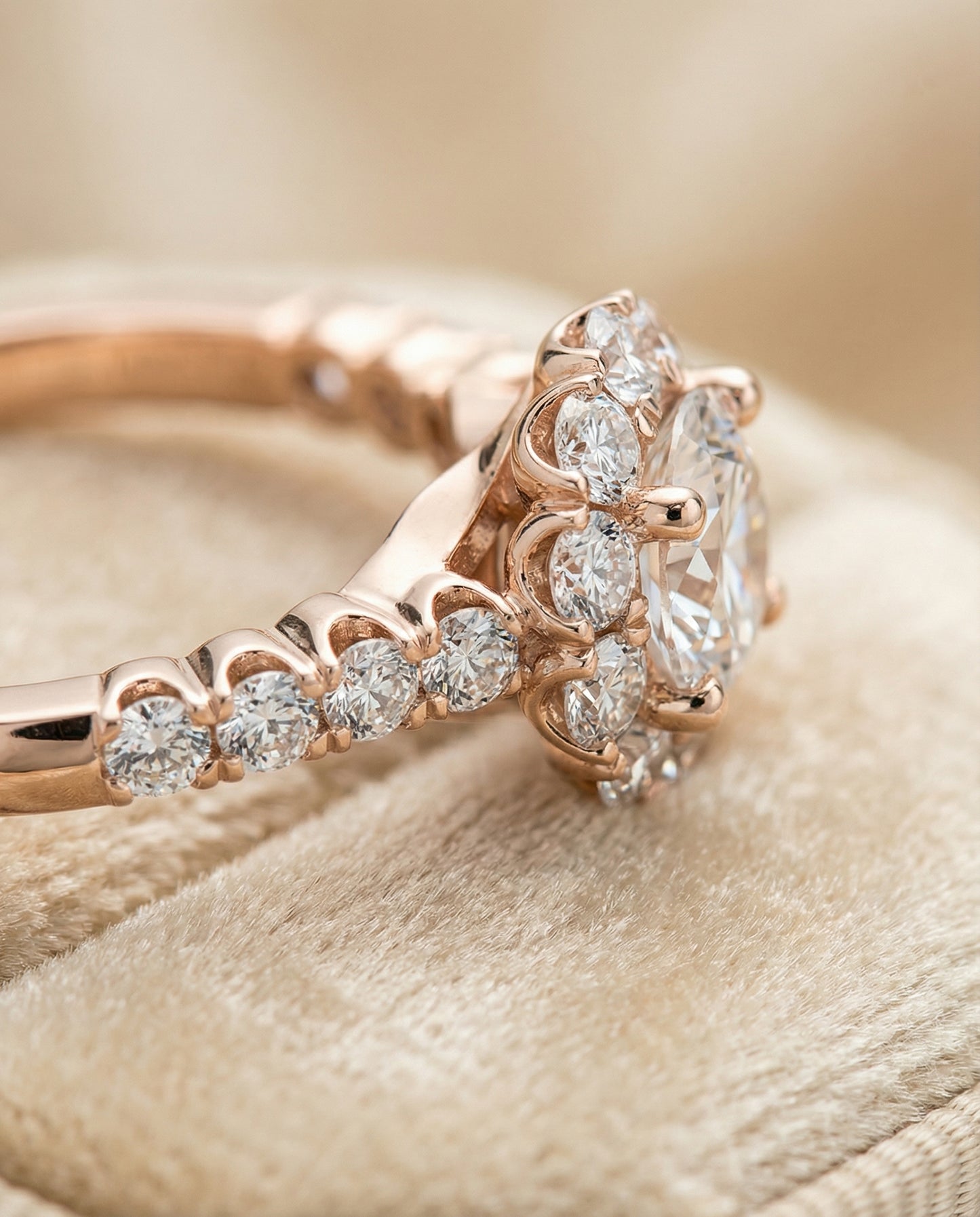 Round Brilliant, Shared Prong Halo Linear Band, in 14K Rose Gold – detail view | RockHer