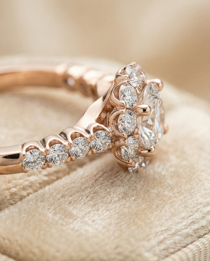 Round Brilliant, Shared Prong Halo Linear Band, in 14K Rose Gold – detail view | RockHer
