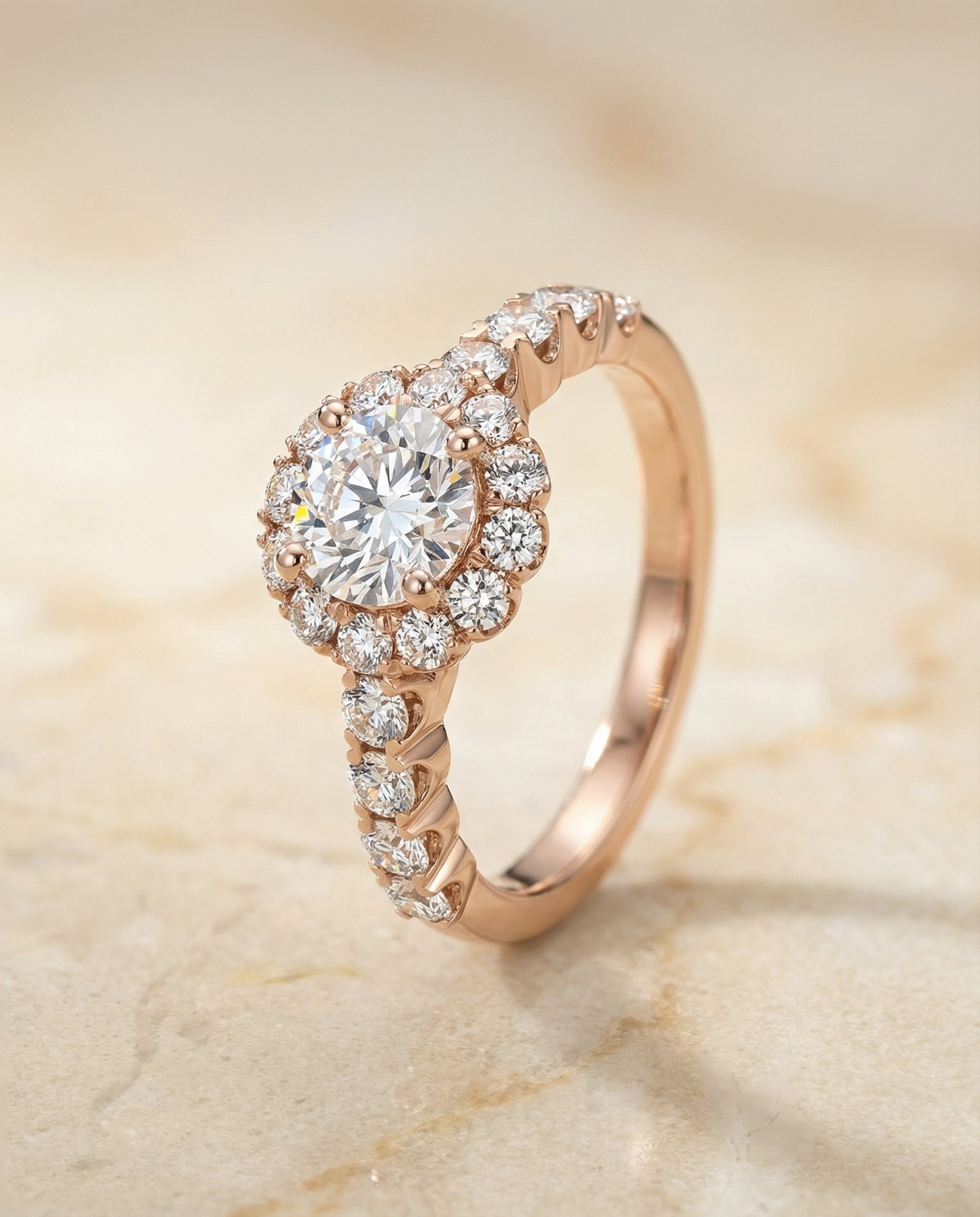 The Musetta shared prong halo linear band engagement ring setting, shown in 14K Rose Gold | RockHer