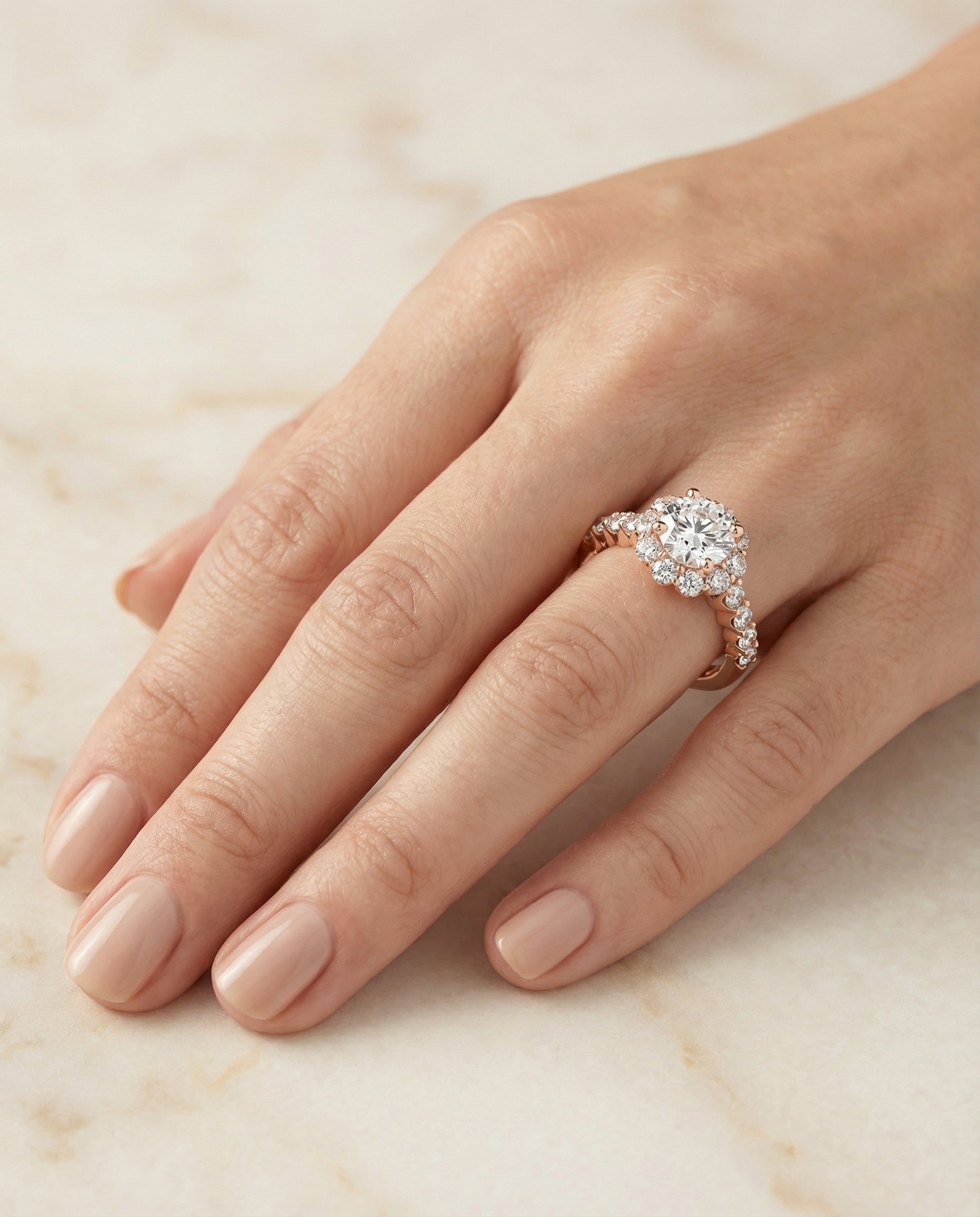 The Musetta engagement ring setting in 14K Rose Gold, shared prong halo linear band design | RockHer