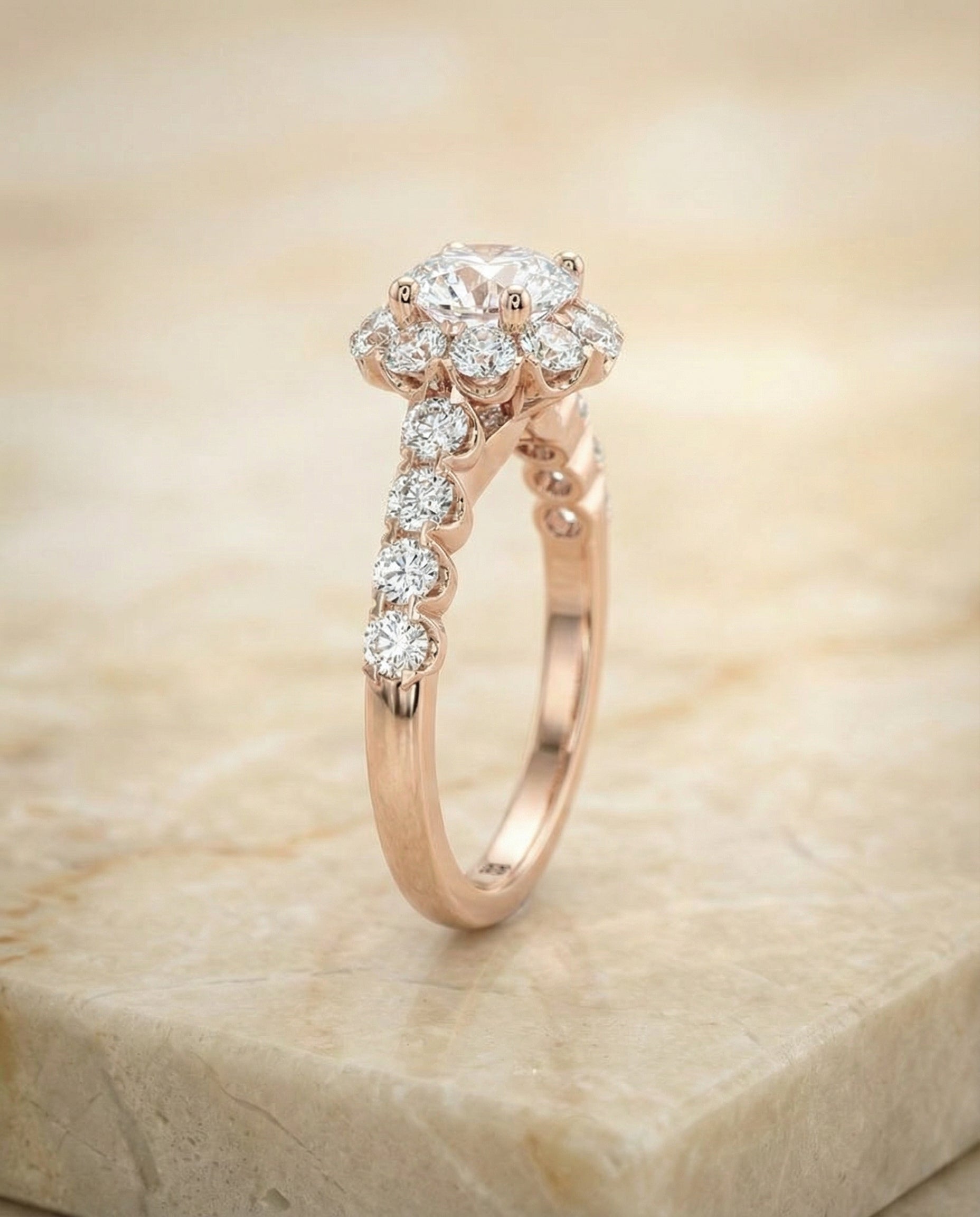 Musetta Select Shared Prong Halo Linear Band Round Lab Diamond Engagement Ring in 14K Rose Gold, side view | RockHer