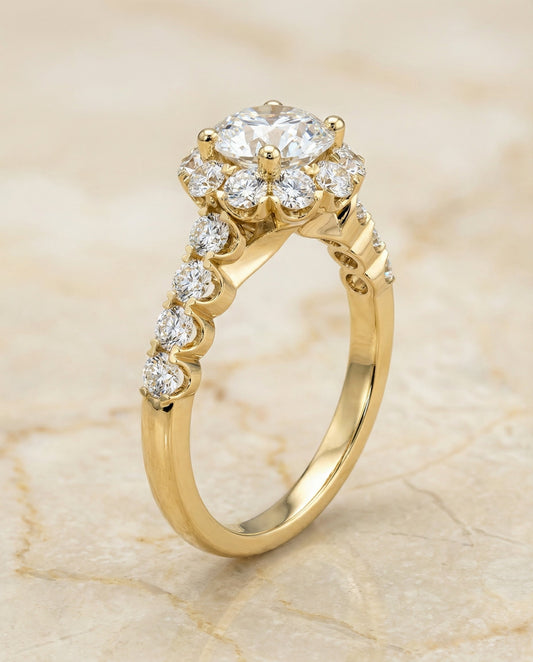 The Musetta Select Shared Prong Halo Linear Band Solitaire Engagement Ring with Lab Diamond in 18K Yellow Gold — view 1