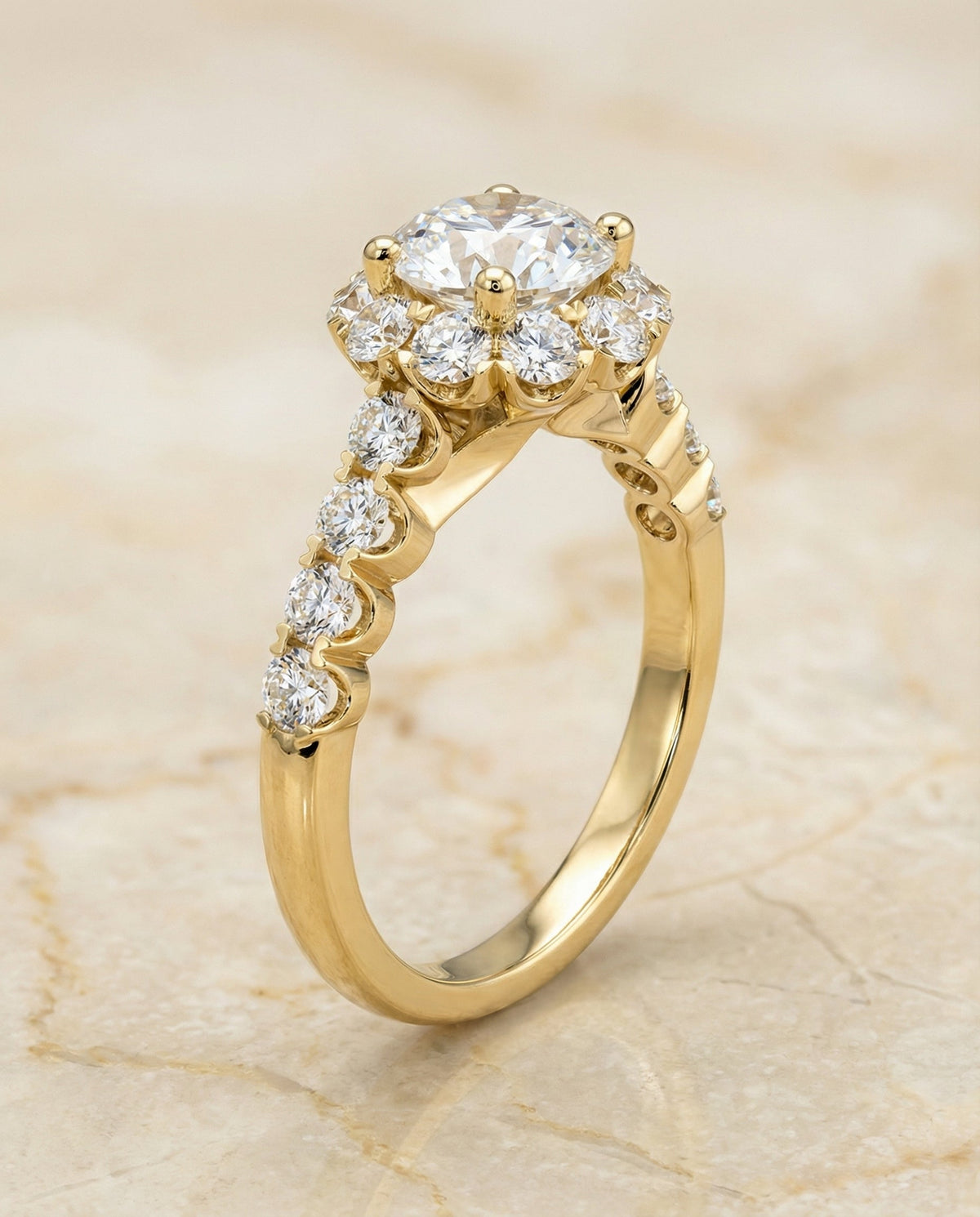 Musetta Select Shared Prong Halo Linear Band Round Lab Diamond Engagement Ring in 18K Yellow Gold, alternate angle | RockHer