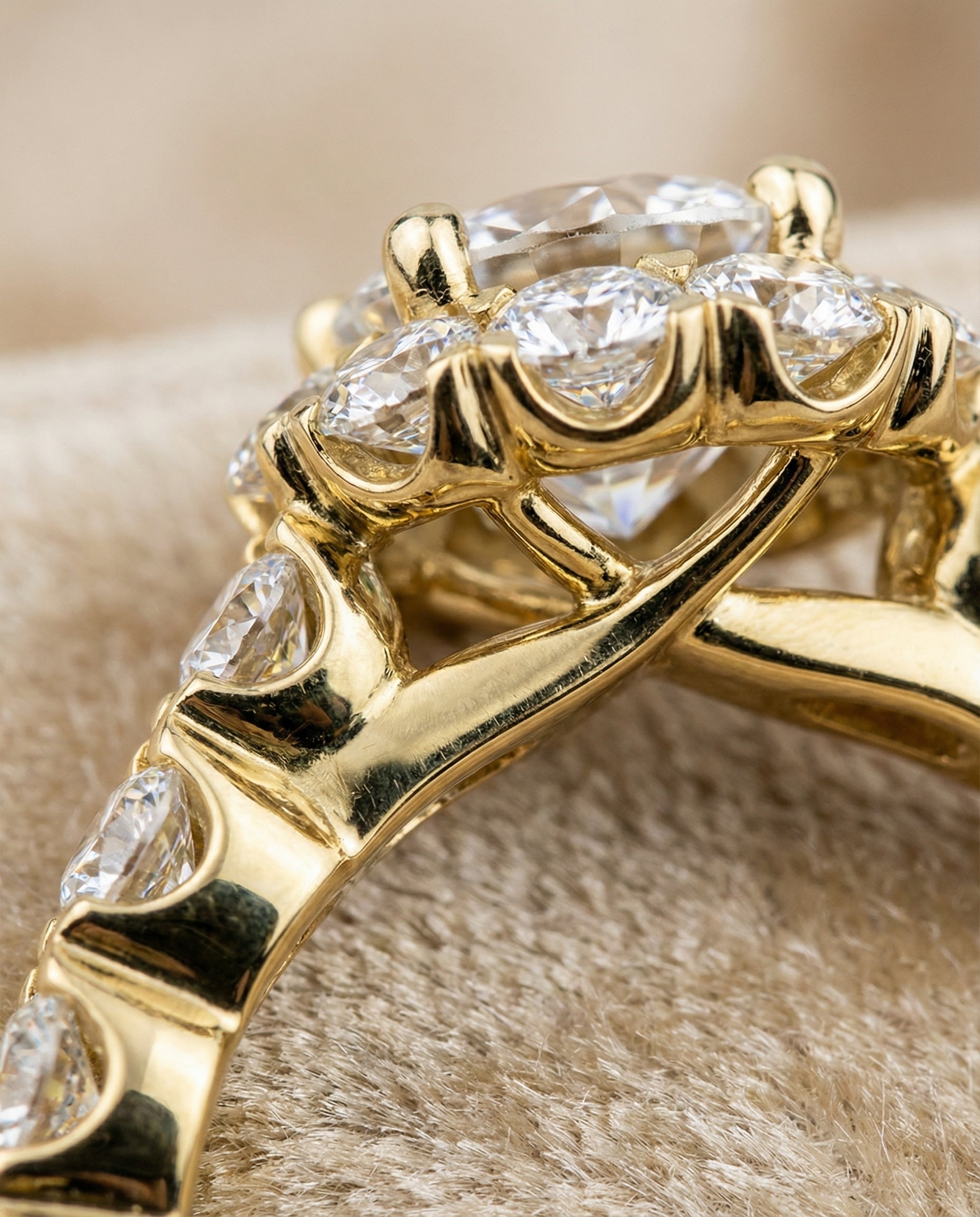 Musetta Select Shared Prong Halo Linear Band Round Lab Diamond Engagement Ring in 18K Yellow Gold, detail view | RockHer