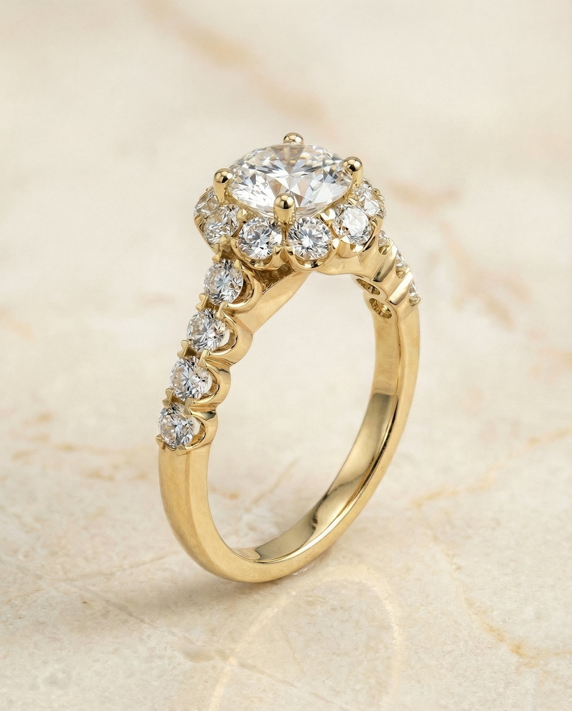 Musetta Select Shared Prong Halo Linear Band Round Lab Diamond Engagement Ring in 18K Yellow Gold, front view | RockHer